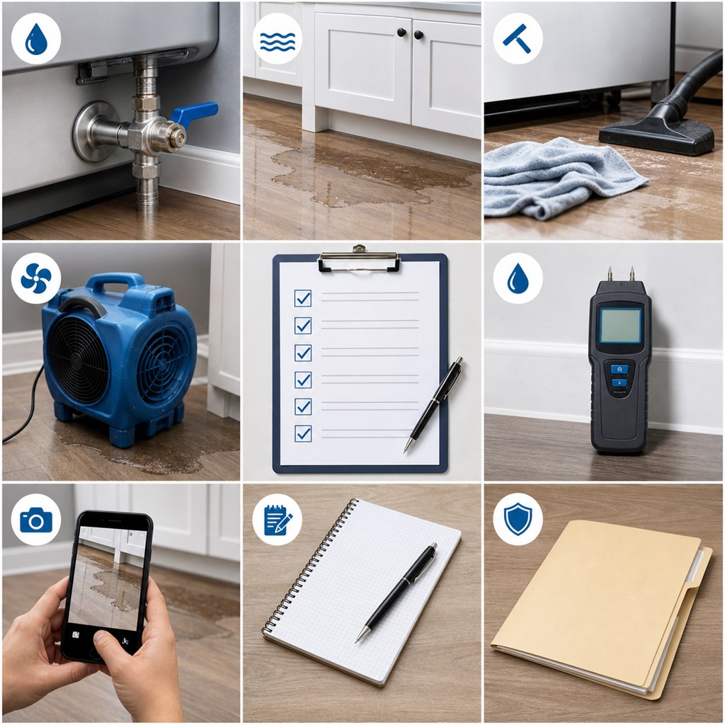 Appliance overflow water damage checklist with water paths moisture readings drying logs and insurance records