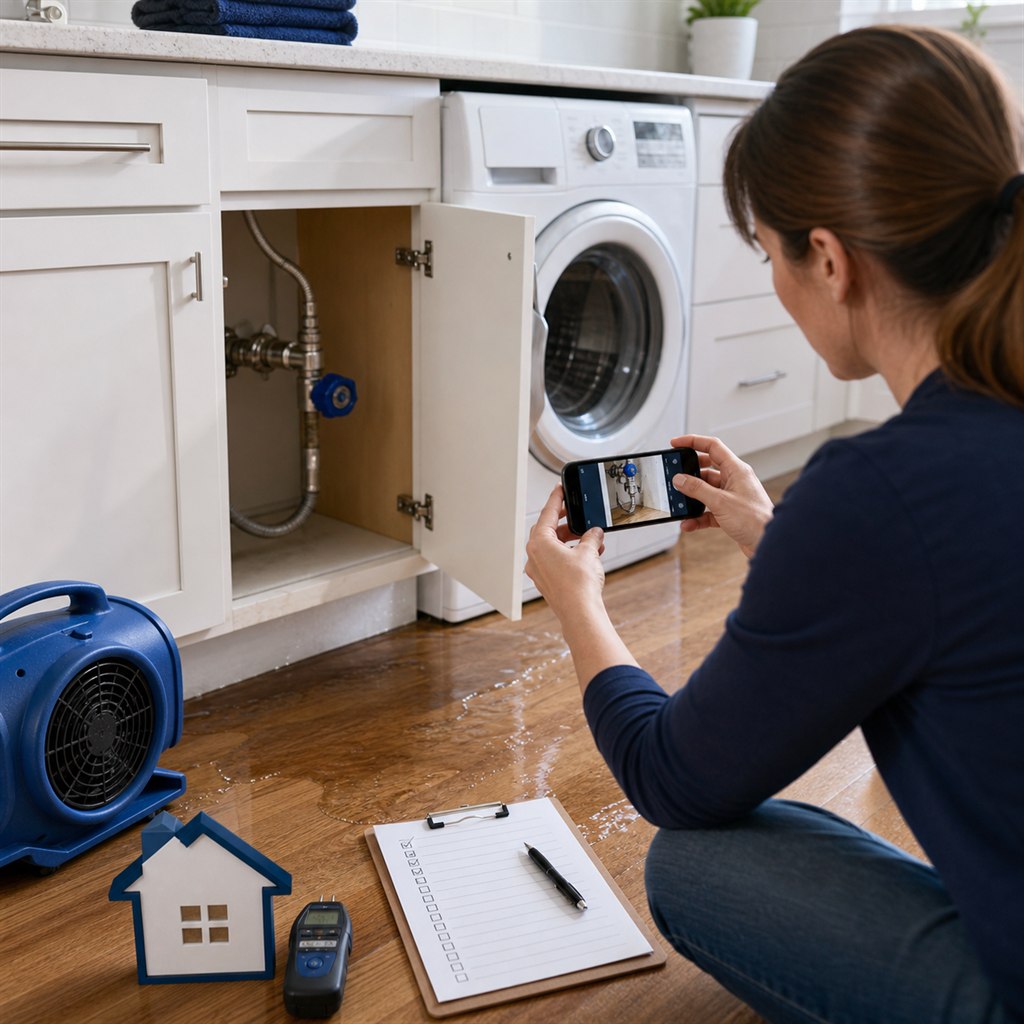 Appliance overflow water damage with washing machine dishwasher refrigerator and water heater documentation