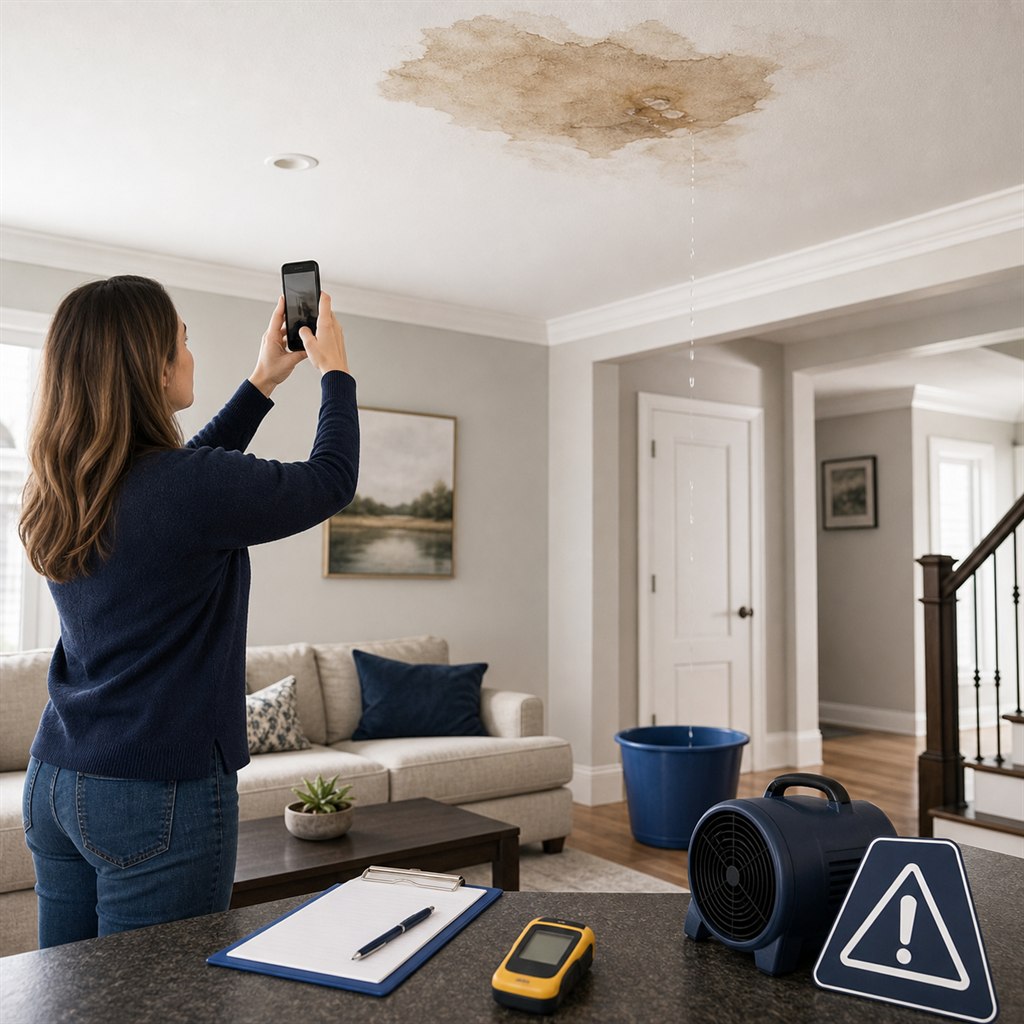 Ceiling water damage safety steps around sagging drywall and wet light fixtures